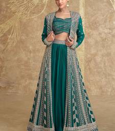 Teal green embroidery & sequins work chinnon silk blouse lehenga  - free size stitching (size upto 42")