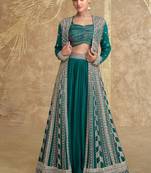 Teal green embroidery & sequins work chinnon silk blouse lehenga  - free size stitching (size upto 42")