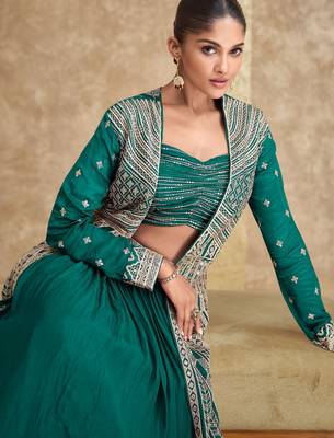 Teal green embroidery & sequins work chinnon silk blouse lehenga  - free size stitching (size upto 42") 2