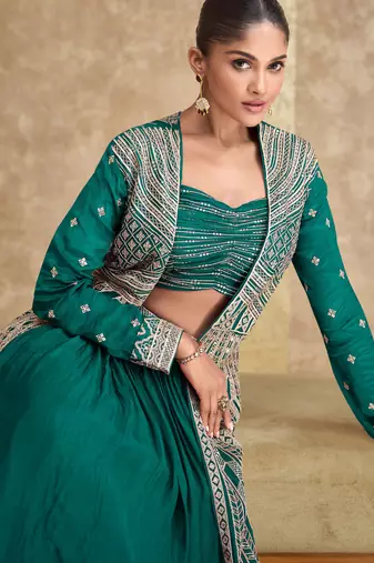 Teal green embroidery & sequins work chinnon silk blouse lehenga  - free size stitching (size upto 42")