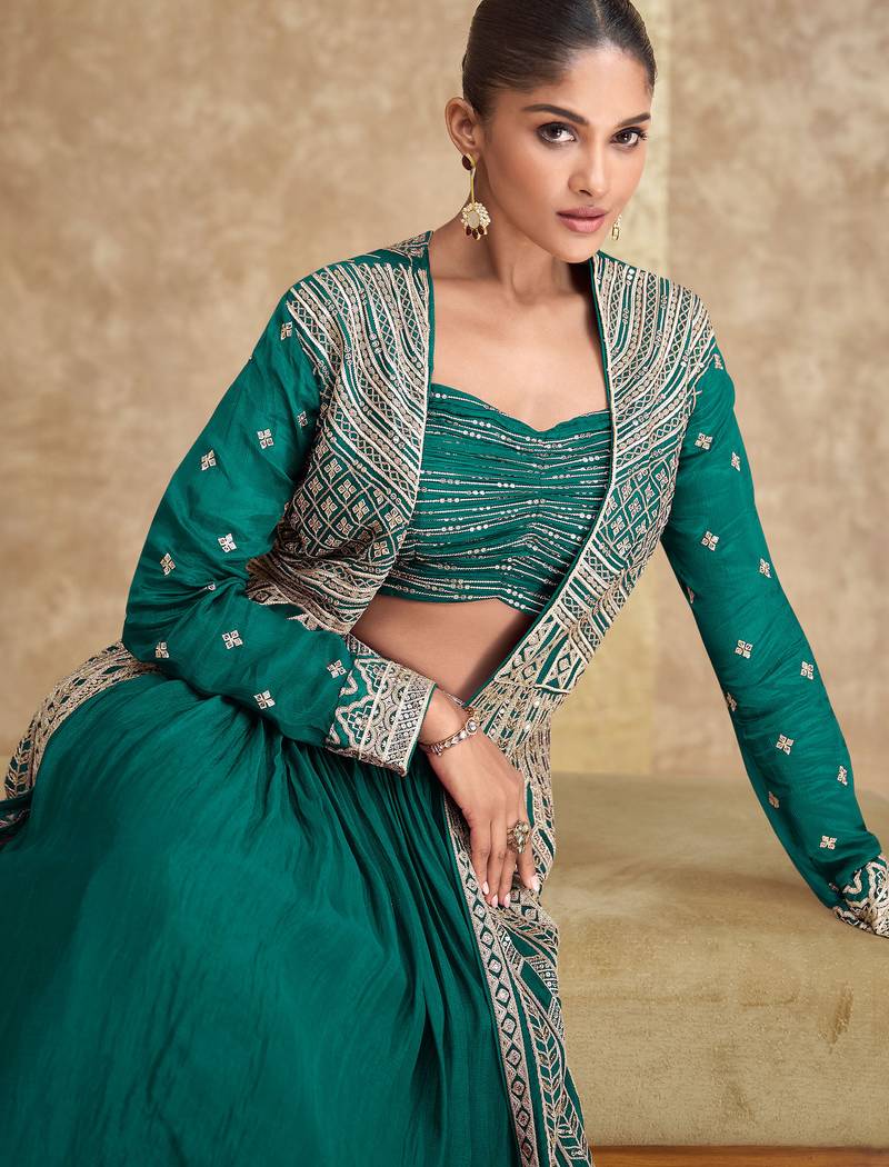 Teal green embroidery & sequins work chinnon silk blouse lehenga  - free size stitching (size upto 42")