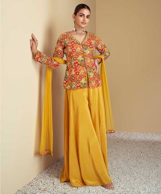 Multi hand work embroidery & digital print work chinnon straight palazzo - free size stitching (size upto 42") 1