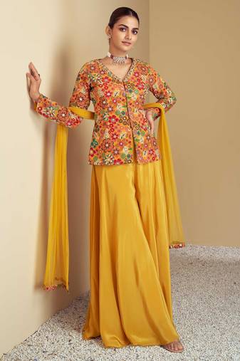 Multi hand work embroidery & digital print work chinnon straight palazzo - free size stitching (size upto 42")