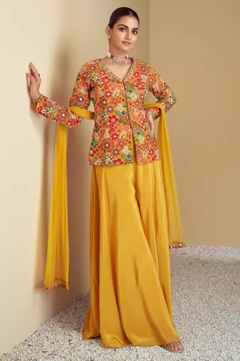 Multi hand work embroidery & digital print work chinnon straight palazzo - free size stitching (size upto 42")