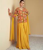 Multi hand work embroidery & digital print work chinnon straight palazzo - free size stitching (size upto 42")