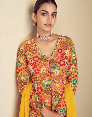 Multi hand work embroidery & digital print work chinnon straight palazzo - free size stitching (size upto 42") 2