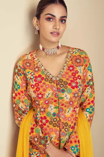 Multi hand work embroidery & digital print work chinnon straight palazzo - free size stitching (size upto 42")