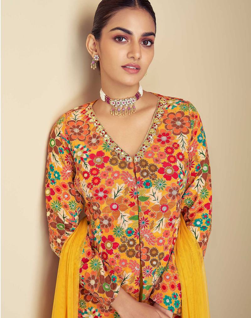 Multi hand work embroidery & digital print work chinnon straight palazzo - free size stitching (size upto 42")
