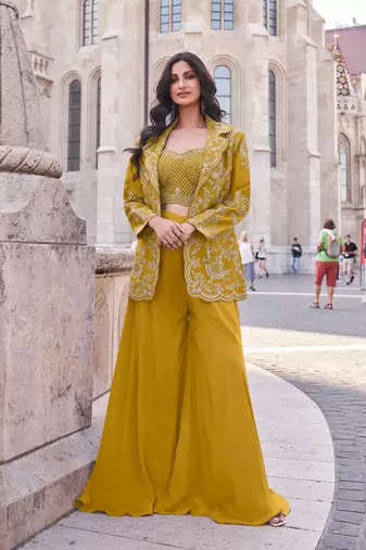 Mustard embroidery & sequins work silk blouse palazzo  - free size stitching (size upto 42")