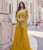 Mustard embroidery & sequins work silk blouse palazzo  - free size stitching (size upto 42")