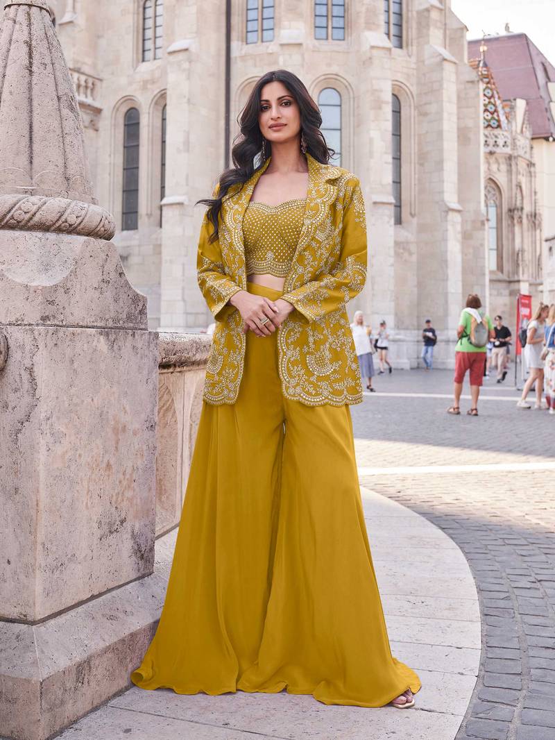 Mustard embroidery & sequins work silk blouse palazzo  - free size stitching (size upto 42")