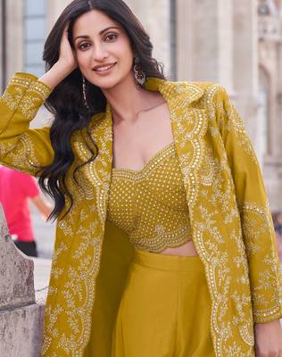 Mustard embroidery & sequins work silk blouse palazzo  - free size stitching (size upto 42") 2