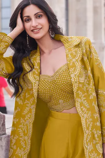 Mustard embroidery & sequins work silk blouse palazzo  - free size stitching (size upto 42")