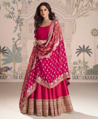 Rani pink embroidered , sequence , jacquard & embellished  work silk gown  - free size stitching (size upto 42") 1