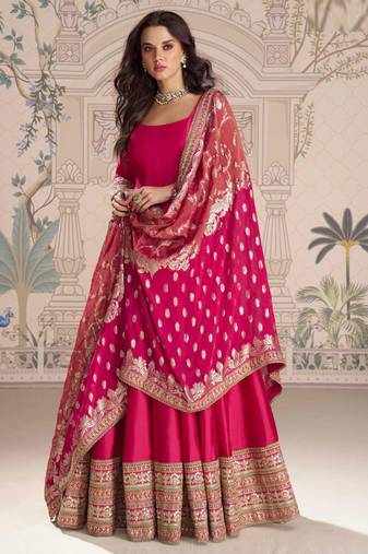 Rani pink embroidered , sequence , jacquard & embellished  work silk gown  - free size stitching (size upto 42")