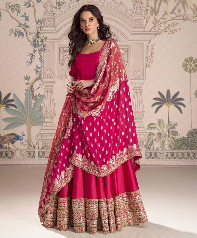 Rani pink embroidered , sequence , jacquard & embellished  work silk gown  - free size stitching (size upto 42")