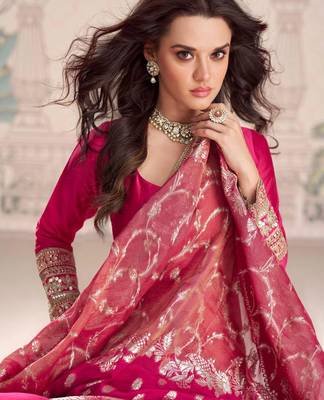 Rani pink embroidered , sequence , jacquard & embellished  work silk gown  - free size stitching (size upto 42") 2