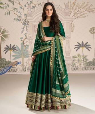 Green embroidered , sequence , jacquard & embellished  work silk gown  - free size stitching (size upto 42") 1
