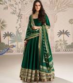Green embroidered , sequence , jacquard & embellished  work silk gown  - free size stitching (size upto 42")