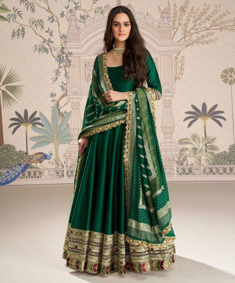 Green embroidered , sequence , jacquard & embellished  work silk gown  - free size stitching (size upto 42")