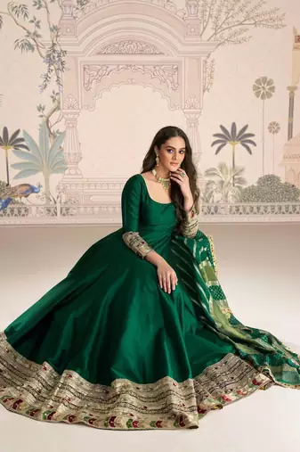 Green embroidered , sequence , jacquard & embellished  work silk gown  - free size stitching (size upto 42")