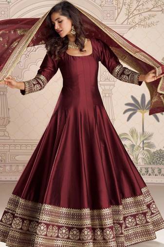 Maroon embroidered , sequence , jacquard & embellished  work silk gown  - free size stitching (size upto 42")