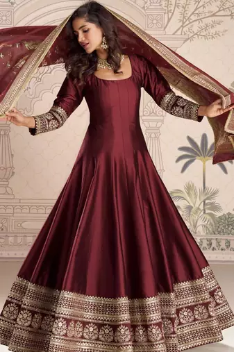 Maroon embroidered , sequence , jacquard & embellished  work silk gown  - free size stitching (size upto 42")