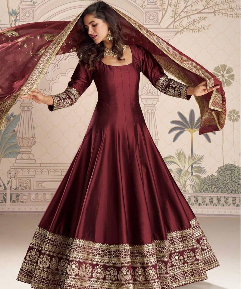 Maroon embroidered , sequence , jacquard & embellished  work silk gown  - free size stitching (size upto 42")
