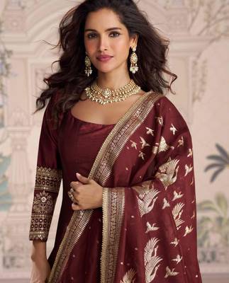 Maroon embroidered , sequence , jacquard & embellished  work silk gown  - free size stitching (size upto 42") 2