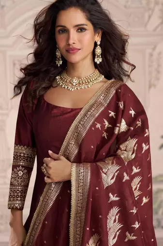 Maroon embroidered , sequence , jacquard & embellished  work silk gown  - free size stitching (size upto 42")