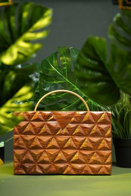 Handcarved geometric pattern handbag with halfmoon handle 1