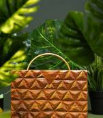 Handcarved geometric pattern handbag with halfmoon handle