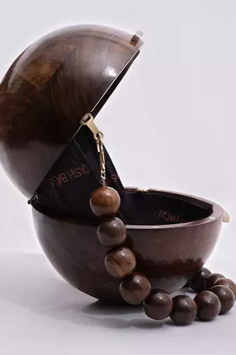 Wooden globe bag with beaded handle