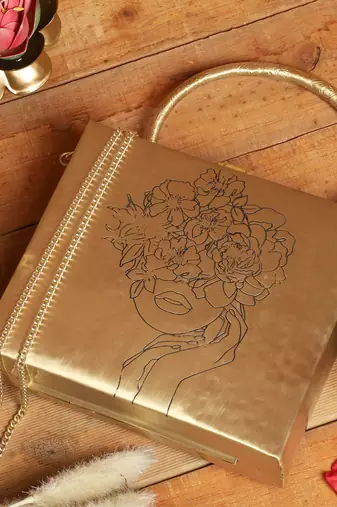 Square chic brass bag with engraved floral lady