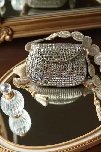 Glass mosiac brass bag in silver tone