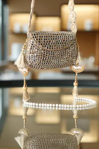Glass mosiac brass bag in silver tone