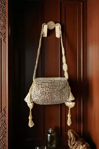 Glass mosiac brass bag in silver tone