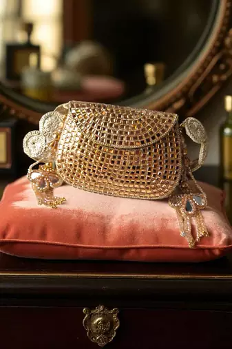Glass mosiac brass bag in rose gold tone