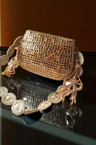 Glass mosiac brass bag in rose gold tone