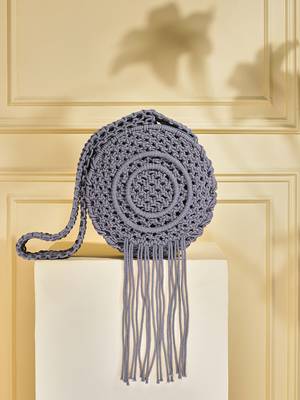 Round macrame fringe boho bag - stormy grey 1