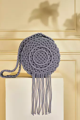 Round macrame fringe boho bag - stormy grey