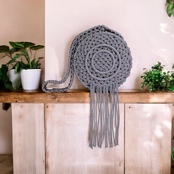 Round macrame fringe boho bag - stormy grey 2