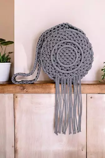 Round macrame fringe boho bag - stormy grey