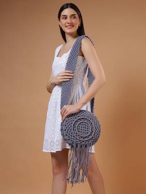 Round macrame fringe boho bag - stormy grey 3