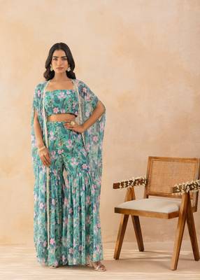 Floral aqua green embellished cape sharara set 1