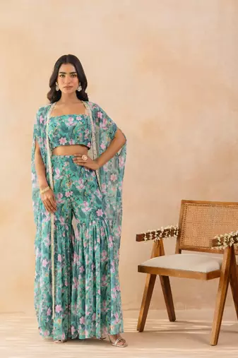 Floral aqua green embellished cape sharara set