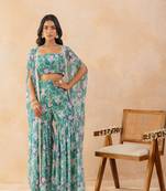 Floral aqua green embellished cape sharara set