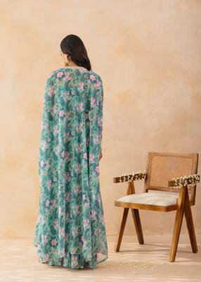 Floral aqua green embellished cape sharara set 2