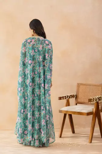 Floral aqua green embellished cape sharara set