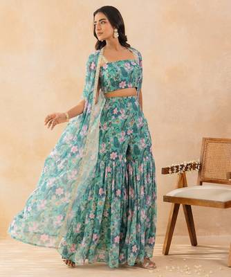 Floral aqua green embellished cape sharara set 3